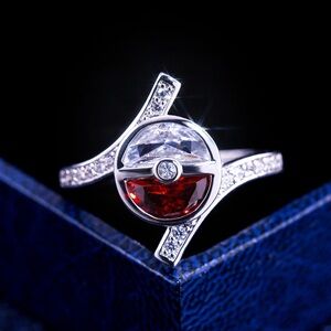 18K White Gold (Rhodium) Unisex Pokemon Pokeball Ring w/ Red Sapphire & Diamond